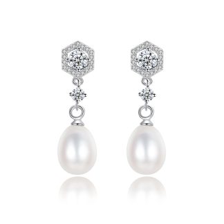 Elegant Natural Pearl CZ 925 Sterling Silver Dangling Earrings