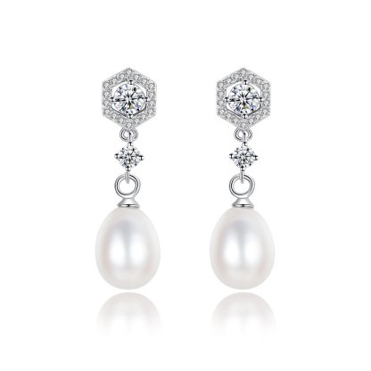 Elegant Natural Pearl CZ 925 Sterling Silver Dangling Earrings