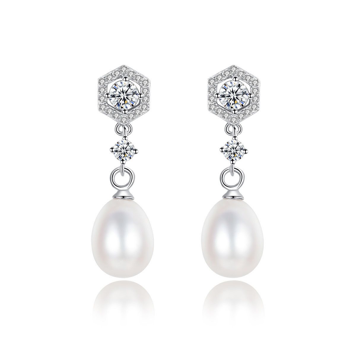 Elegant Natural Pearl CZ 925 Sterling Silver Dangling Earrings