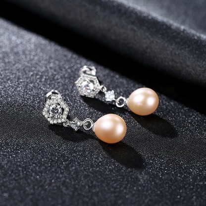 Elegant Natural Pearl CZ 925 Sterling Silver Dangling Earrings