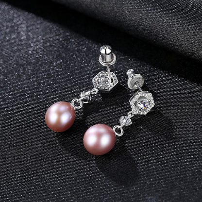 Elegant Natural Pearl CZ 925 Sterling Silver Dangling Earrings