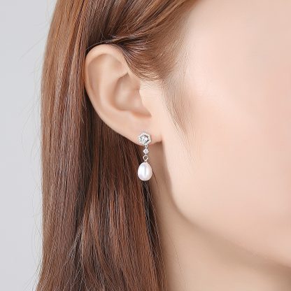 Elegant Natural Pearl CZ 925 Sterling Silver Dangling Earrings