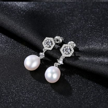 Elegant Natural Pearl CZ 925 Sterling Silver Dangling Earrings