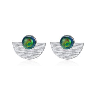Semicircle Created Opal Round 925 Sterling Silver Stud Earrings