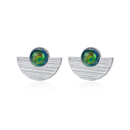 Semicircle Created Opal Round 925 Sterling Silver Stud Earrings