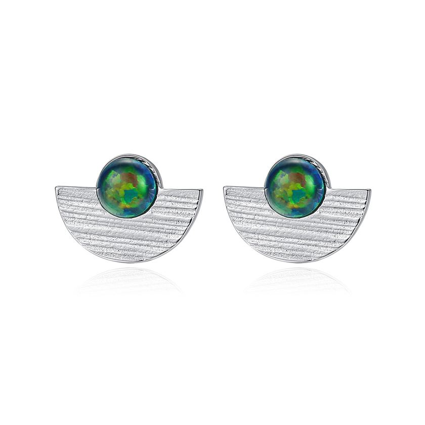 Semicircle Created Opal Round 925 Sterling Silver Stud Earrings