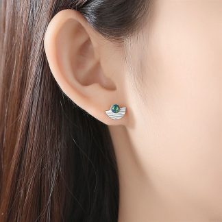 Semicircle Created Opal Round 925 Sterling Silver Stud Earrings