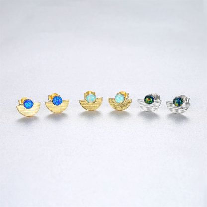 Semicircle Created Opal Round 925 Sterling Silver Stud Earrings