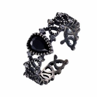 Vintage Waterdrop Black CZ Hollow 925 Sterling Silver Adjustable Ring