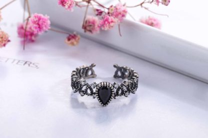 Vintage Waterdrop Black CZ Hollow 925 Sterling Silver Adjustable Ring