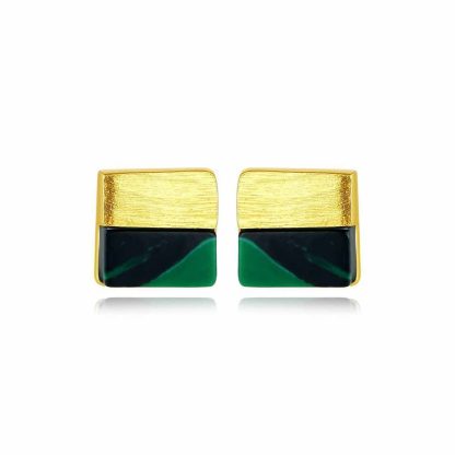 Geometry Square Created Malachite 925 Sterling Silver Stud Earrings