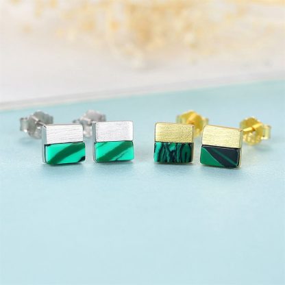 Geometry Square Created Malachite 925 Sterling Silver Stud Earrings
