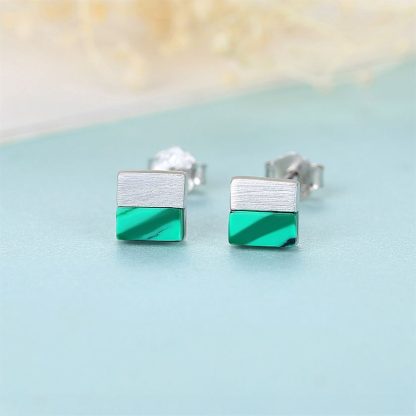 Geometry Square Created Malachite 925 Sterling Silver Stud Earrings