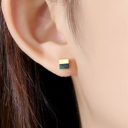 Geometry Square Created Malachite 925 Sterling Silver Stud Earrings