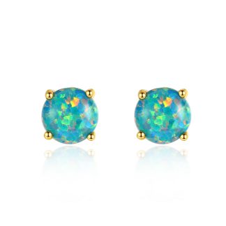 Simple Round Created Opal 925 Sterling Silver Stud Earrings