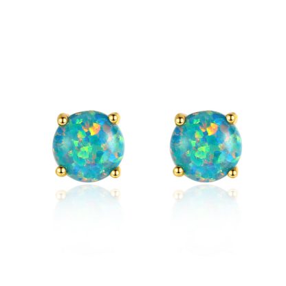 Simple Round Created Opal 925 Sterling Silver Stud Earrings