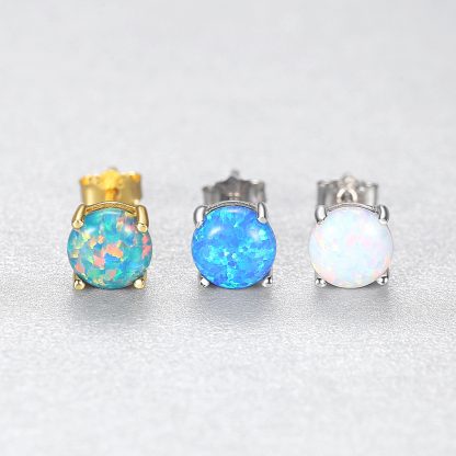 Simple Round Created Opal 925 Sterling Silver Stud Earrings