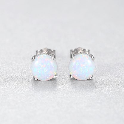 Simple Round Created Opal 925 Sterling Silver Stud Earrings