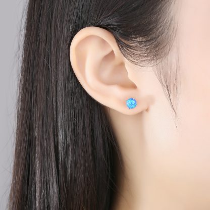 Simple Round Created Opal 925 Sterling Silver Stud Earrings