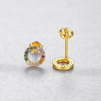 Rainbow Colorful CZ Circle 925 Sterling Silver Stud Earrings