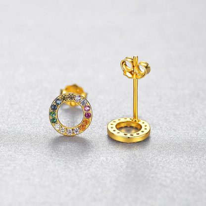 Rainbow Colorful CZ Circle 925 Sterling Silver Stud Earrings