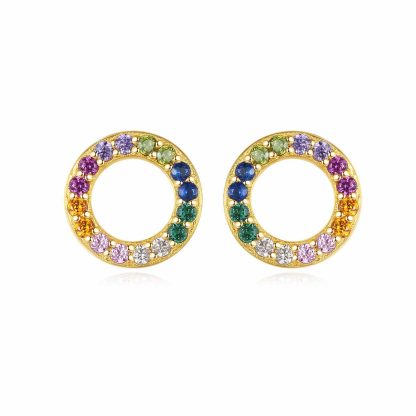 Rainbow Colorful CZ Circle 925 Sterling Silver Stud Earrings