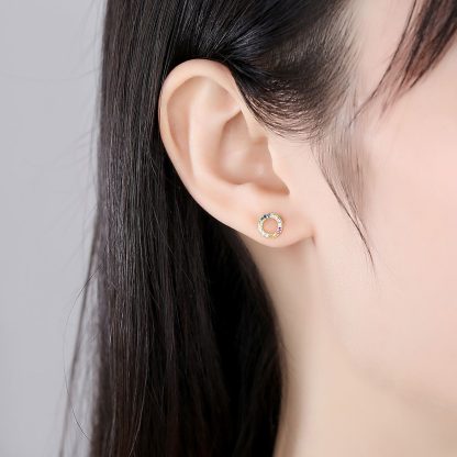 Rainbow Colorful CZ Circle 925 Sterling Silver Stud Earrings