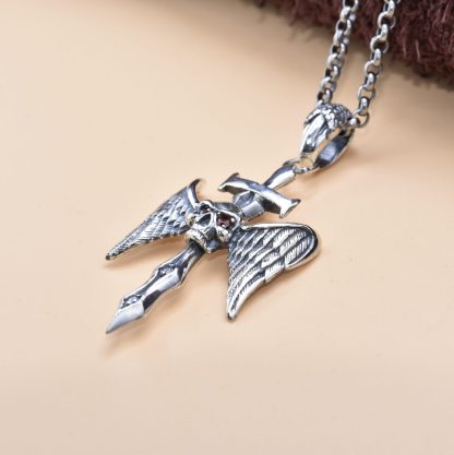 Men's Gift CZ Skull Head Angel Wings 925 Sterling Silver Round DIY Pendant