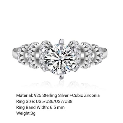 Fashion Round Brilliant Cut Moissanite Cubic Zirconia 925 Sterling Silver Ring