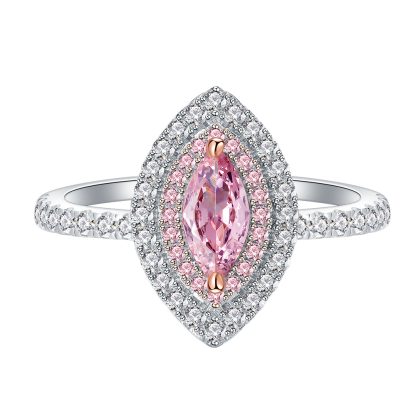 Pink Marquise Eye Shape Rose gold-plated Prongs Micro Setting Cubic Zirconia 925 Sterling Silver Halo Statement Band Ring