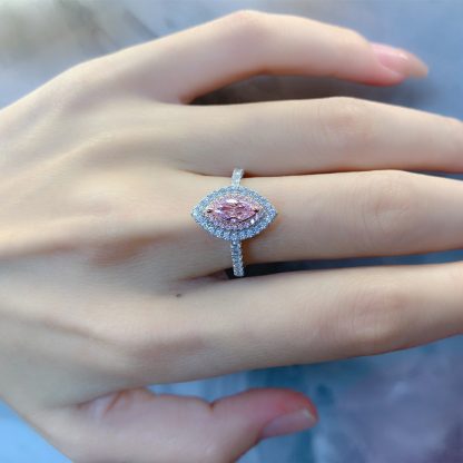 Pink Marquise Eye Shape Rose gold-plated Prongs Micro Setting Cubic Zirconia 925 Sterling Silver Halo Statement Band Ring