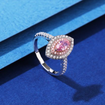 Pink Marquise Eye Shape Rose gold-plated Prongs Micro Setting Cubic Zirconia 925 Sterling Silver Halo Statement Band Ring