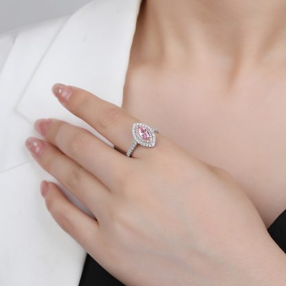 Pink Marquise Eye Shape Rose gold-plated Prongs Micro Setting Cubic Zirconia 925 Sterling Silver Halo Statement Band Ring