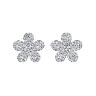 Silver Six Petal Flower Cubic Zirconia Micro Pave S925 Sterling Silver Delicate Floral DesignStud Earrings