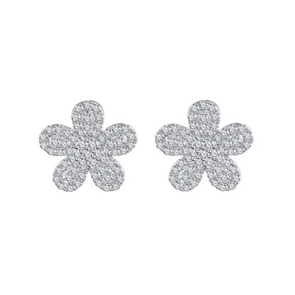 Silver Six Petal Flower Cubic Zirconia Micro Pave S925 Sterling Silver Delicate Floral DesignStud Earrings
