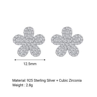 Silver Six Petal Flower Cubic Zirconia Micro Pave S925 Sterling Silver Delicate Floral DesignStud Earrings