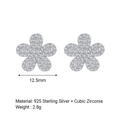 Silver Six Petal Flower Cubic Zirconia Micro Pave S925 Sterling Silver Delicate Floral DesignStud Earrings