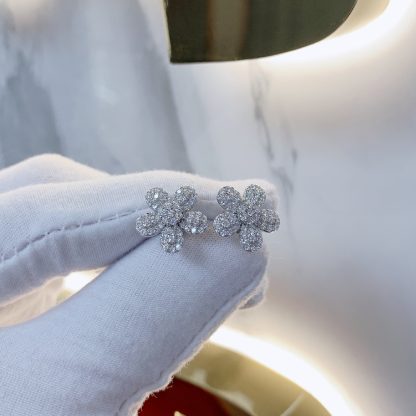 Silver Six Petal Flower Cubic Zirconia Micro Pave S925 Sterling Silver Delicate Floral DesignStud Earrings