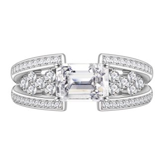 White Emerald Cut High Carbon Cubic Zirconia Geometric Double Band Side Cluster 925 Sterling Silver Ring