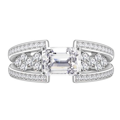 White Emerald Cut High Carbon Cubic Zirconia Geometric Double Band Side Cluster 925 Sterling Silver Ring
