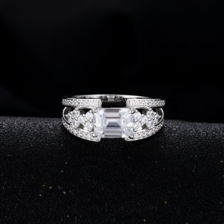 White Emerald Cut High Carbon Cubic Zirconia Geometric Double Band Side Cluster 925 Sterling Silver Ring