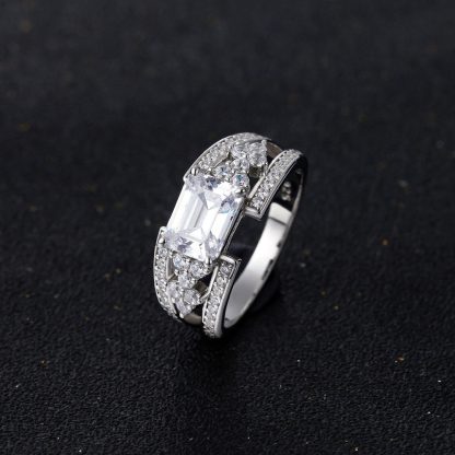 White Emerald Cut High Carbon Cubic Zirconia Geometric Double Band Side Cluster 925 Sterling Silver Ring