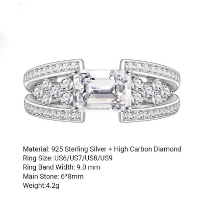 White Emerald Cut High Carbon Cubic Zirconia Geometric Double Band Side Cluster 925 Sterling Silver Ring
