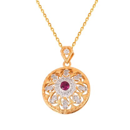 Beautiful Created Ruby CZ Sunflower 925 Sterling Silver Pendant