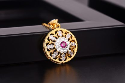 Beautiful Created Ruby CZ Sunflower 925 Sterling Silver Pendant