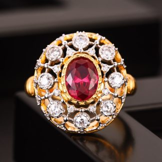 Elegant Oval Created Ruby Hollow CZ Flower 925 Sterling Silver Ring