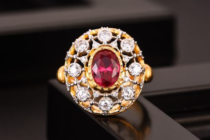 Elegant Oval Created Ruby Hollow CZ Flower 925 Sterling Silver Ring