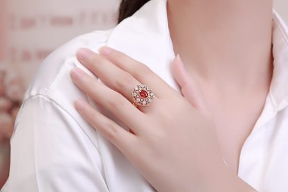 Elegant Oval Created Ruby Hollow CZ Flower 925 Sterling Silver Ring