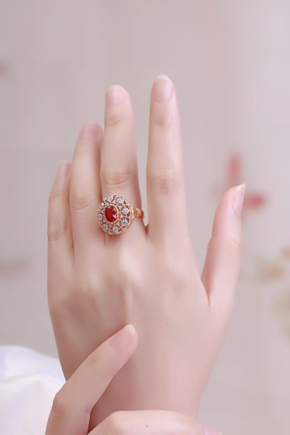 Elegant Oval Created Ruby Hollow CZ Flower 925 Sterling Silver Ring